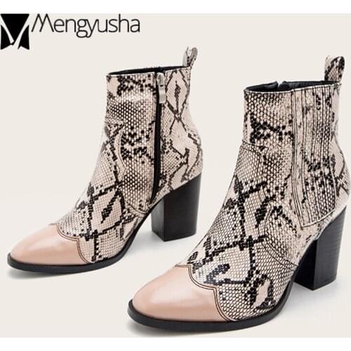 Sexy Serpentine boots woman mixed color snake prints shoes chunky high heels riding botas female plus size 36-43 ankle booties