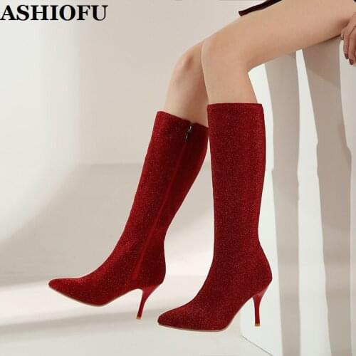 ASHIOFU Factory Sale Womens New High Heels Boots Pointed-toe Sexy Party Prom Mid-calf Boots Evening Club Dance Fashion Boots