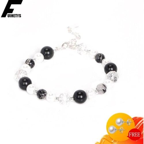 BaliJelry Natural Freshwater Pearl Bracelet 925 Silver Jewelry Accessories Created Obsidian Crystal Gemstone for Women Wedding
