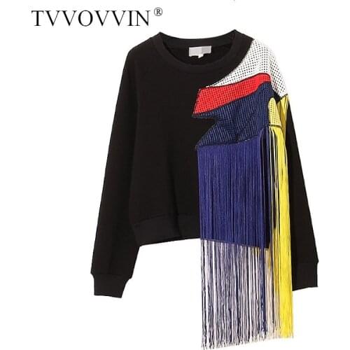 TVVOVVIN 2020 Autumn Winter streetwear New Europe Rainbow Tassel Patchwork Mesh Plus Down Thick Womens Sweatshirt Tops A479