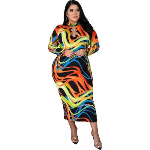Plus Size Skinny Sexy Long-sleeved Print Dress Autumn Clothes Women High Street Wear Fahsion Outfit Wholesale Drop Shipping