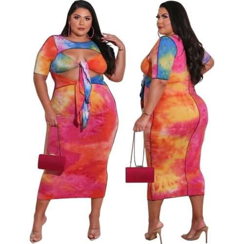Sexy Hollow Out Tie Dye Printed Dress Women Short Sleeve Bodycon Vintage Elegant Long Skinny Dresses Plus Size XL~5XL Vestidos