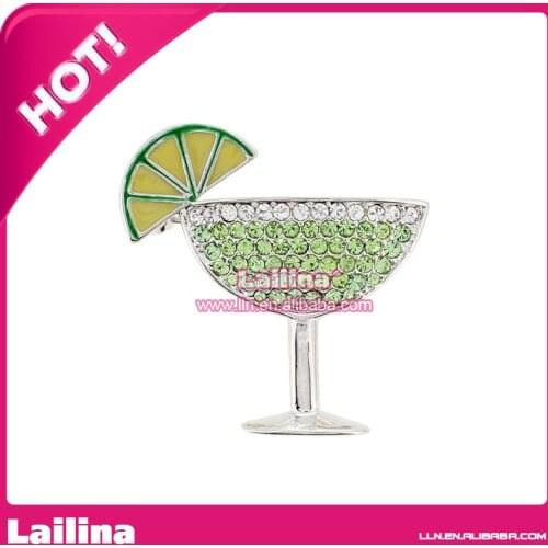 100pcs/lot Champagne Drink Glass Cup With Green Rhinestone Brooch Pin
