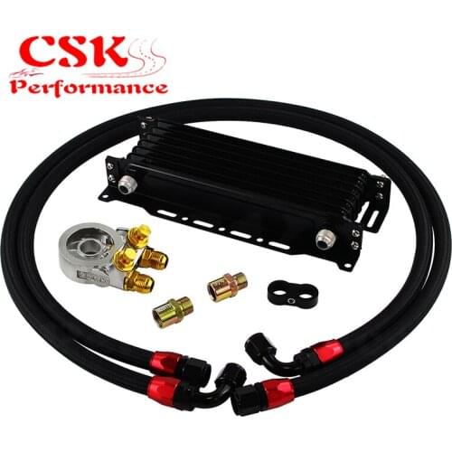 7 Row AN10 Engine Racing Trust Oil Cooler w/ Thermostat Oil Filter Adapter Kit Black/Gold/Blue