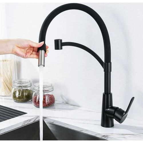 Black Stainless Steel Kitchen Faucet Kitchen Silica Gel Tube Pull Out Water Taps Cold Hot Water Mixer Single Hole Deck Mounted