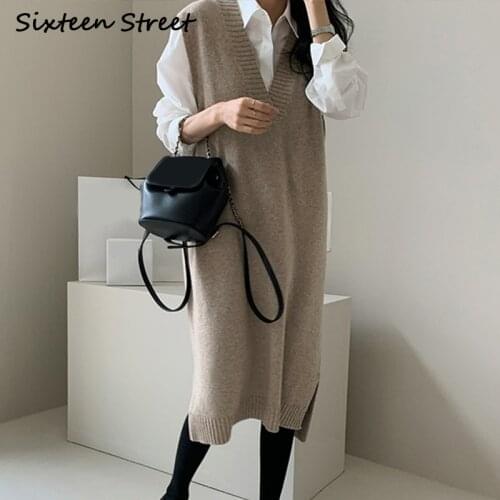 Chic Autumn Sleeveless Long Knitted Dresses Khaki V-Neck Warm Wool Sweater Female Fall Winter Knitwear Women Clothing Gray
