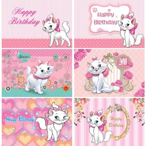 Pink Cat Backdrop Girl 1st Birthday Party Banner Sweet Cute Dots Stripes Photography Background Dessert Table Mural Poster Decor