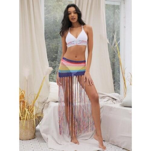 H80&S90 New Women Hand Crochet Mini Skirt Handmade Knit See Through Swimwear Sexy Beachwear Skirt Female Tassel Robe Saida Skir
