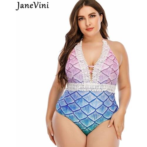 JaneVini 2021 Fat Ladies Swimsuit Women One Piece Plus Size Bikinis Sexy Mermaid Big Size Halter Swimwears Bathing Suit Bodysuit