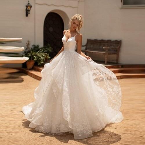Latest Gorgeous Princess Lace Back Out Wedding Gowns for Bride Deep V Neckline with Straps Bridal Wedding Dresses Ruffle Skirt