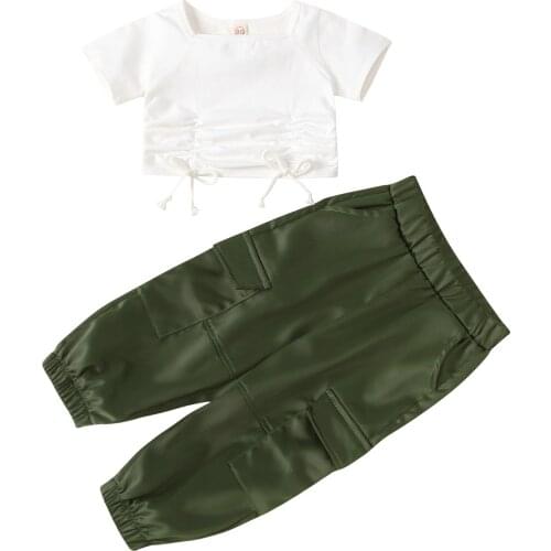 2Pcs Toddlers Summer Tracksuits, Solid Color Square Neck Short Sleeves Crop Tops + Cargo Pants Suit for Girls, 1-5 Years