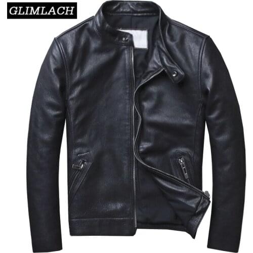 Plus Size 5XL Casual Leather Jacket Men Stand Collar Black 100% Cowhide Jackets Male High Quality Mens Genuine Leather Jacket