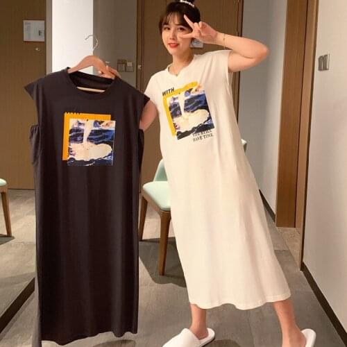 2021 New Sleeveless Nightdress Womens Vest Nightdress Cotton Loose Cute Cartoon Sweet Cute Long Home Clothes Sexy Sleepwear
