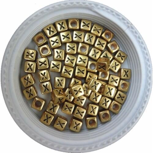 Single English Character Jewelry X Beads 100pcs 6*6MM Big Hole Gold Color Acrylic Plastic Alphabet Spacer Beads Cube Beads
