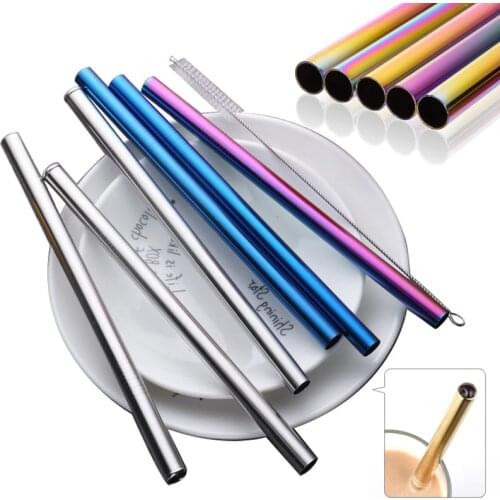 12x215mm Reusable 304 Stainless Steel Drinking Straws Set Eco-Friendly Metal Straw for Smoothie Boba Bubble Tea Milkshakes
