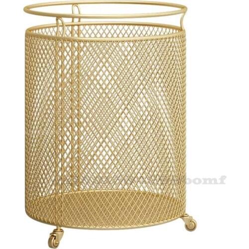 Portable Golden Metal Dirty Clothes Hamper with Wheels Dirty Cylindrical Laundry Basket Organizer Bathroom Laundry Hamper Sorter