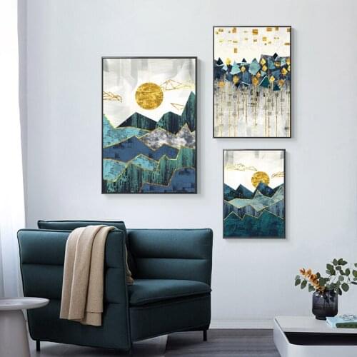 Nordic Green Landscape Painting Sun Mountain Canvas Poster Prints Modern Abstract Paintings Wall Art Nature Pictures Decoration