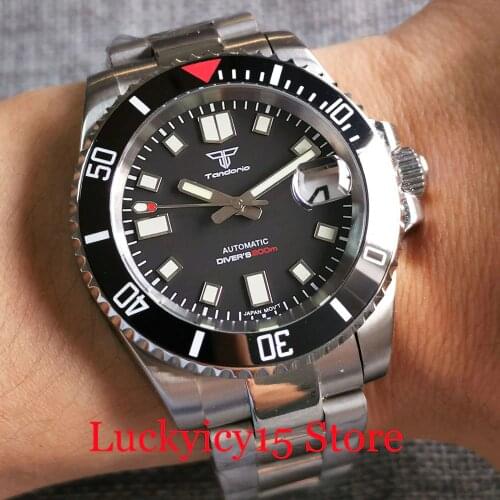 Tandorio Brand 40mm NH35A SelfWinding Men Wristwatch Business Ceramic Insert Steel Polished Bracelet Green Lumious Hand