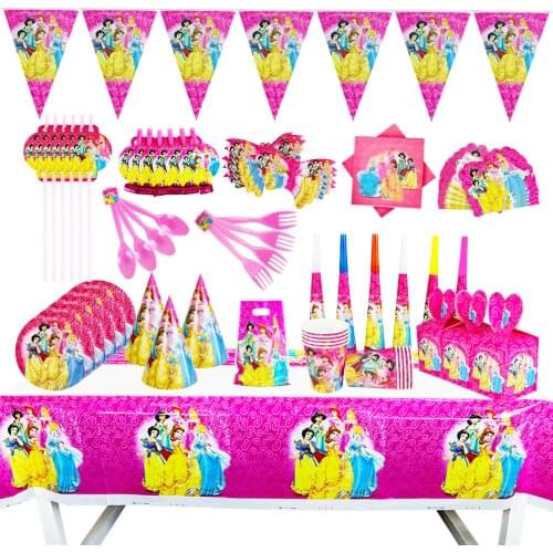 New Disney Six Princess Theme Kids Favor Birthday Pack Event Party Cups Plates Baby Shower Disposable Tableware Supplies