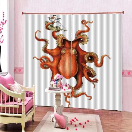 Custom Octopus Stall Curtain Octopus Holding Sailing Ship in Tentacles Mythical Nautical Window Drapes For Childrens room