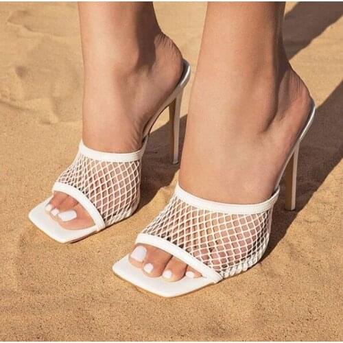 NAUSK 2021 New Sexy PU Square head Peep Toe High Heel Mesh Slippers Summer Fashion Slip On Thin Heels Slides Women Mules Party