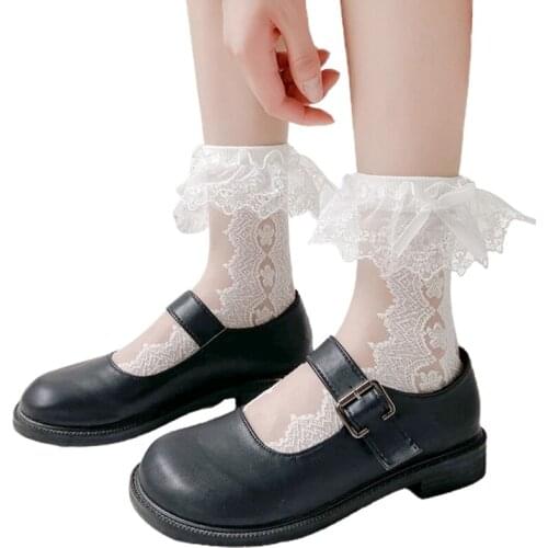 Women Thin Glass Fiber Short Ankle Socks Lolita Sweet Lace Patterned Bow Hosiery