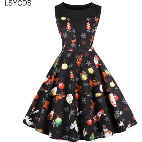 LSYCDS Women Vintage Style O-Neck Thin Fabric A Line Party Mini Dresses Black and Red Patchwork Multicolor Print Christmas Dress