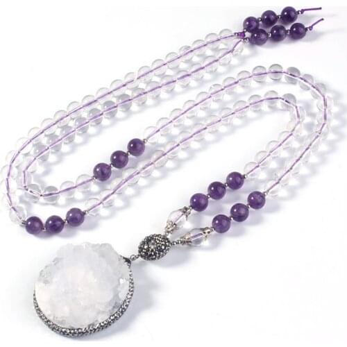 FYSL Silver Plated Irregular Shape Clear Quartz Cluster Pendant Long Beads Chain Necklace Amethysts Crystal Jewelry