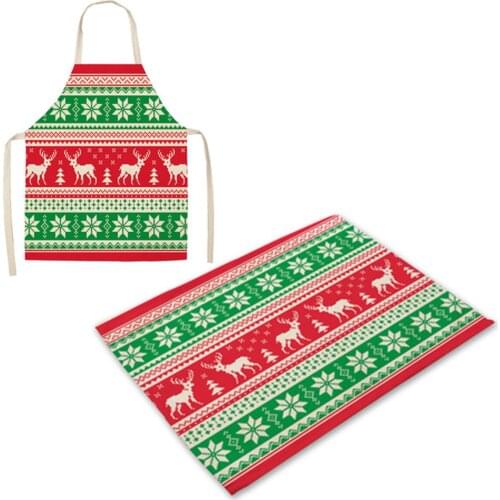 1set Of 2PCS Kitchen Christmas Apron Placemat Set Cotton Linen Reindeer Snowflake Apron And Placemat Or 4PCS Placemat