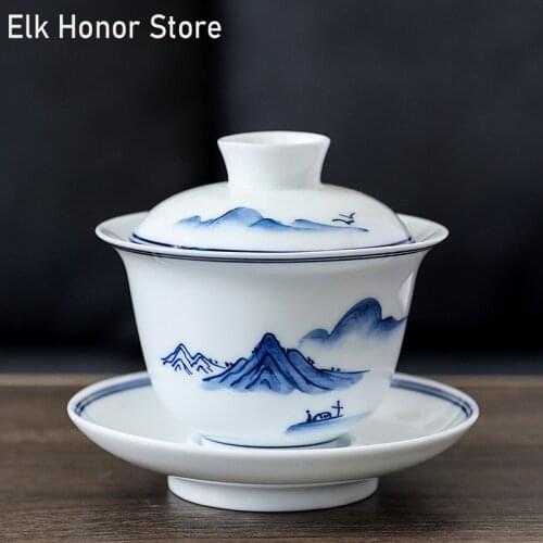 180ml Blue And White GaiWan Hand Painted Landscape Porcelain Cup Saucer Tea Lid Set Sopera Greeting Pine Gift Office Decoration