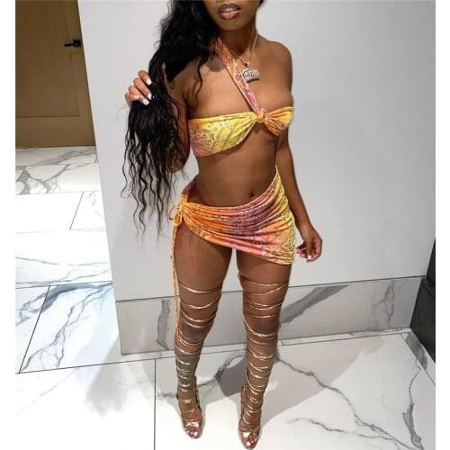 CHRONSTYLE Drawstring Print Criss-Cross 2pcs/set Women Suits Backless Bandage Halter Tube Tops Cropped Asymmetrical Hem Skirts