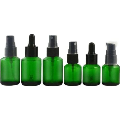 20pcs Clear Green Glass Atomizer Perfume Spray Vial Slope Shoulder Black Lotion Pump Essential Oil Dropper Bottles 15ml 30ml