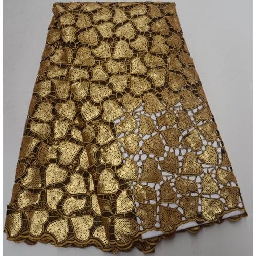 Free shipping (5yards/pc) high quality African handcut organza lace fabric coffee gold sequins lace fabric for party dress OP004