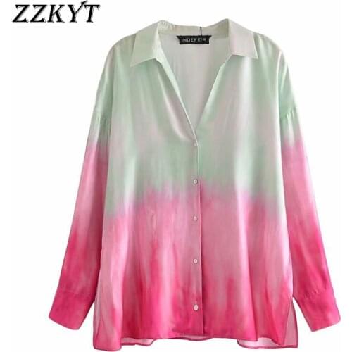 ZZKYT 2021 Women Spring Fashion Tie-dye Blouses Vintage Lapel Collar Long Sleeve Single Breasted Female Shirts Casual Chic Tops