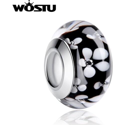 High Quality White Flower Black Murano Glass Beads Fit Original WOST Silver Charm Bracelet Necklace DIY Jewelry ZBB6344