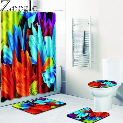Floral Bath Mat Shower Curtain Set Polyester Waterproof Bath Curtain 180x180cm With Bathroom Mat Set Pedestal Rug Lid Toilet Mat