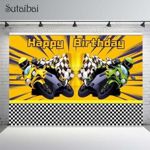 Happy Birthday Backdrop Flag Racing Car Motorcycle Baby Boy Party Banner Customized Poster Photographic Background Photo Studio