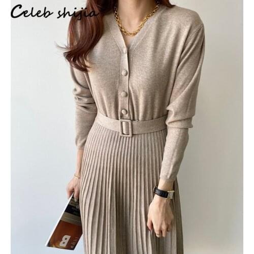 Khaki Cashmere Pleated Dress Woman Autumn V-neck Elegant Knitted Bodycon Dress Female Vintage Elegant Business Winter Clothing