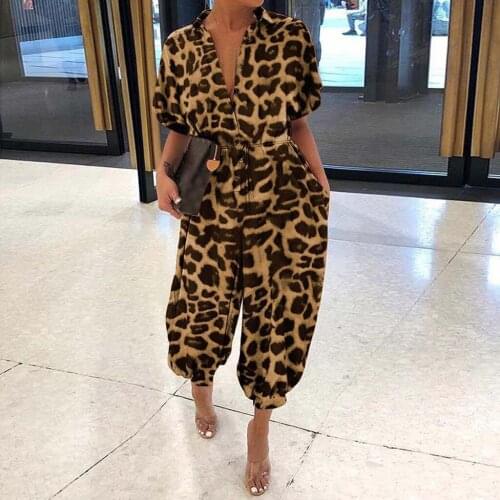 Summer Women Leopard Printed Turndown Collar Slim Long Button Rompers Casual Short Sleeve Loose Pocket Jumpsuits Overalls#g3