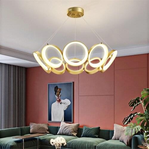 Creative gold interior led round chandelier modern and minimalist villa hotel room restaurant light remote control dimming