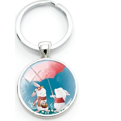 TAFREE Anime Rabbit And Pig Keychains Cute Animals Illustration Glass Dome Keyholders Trendy Jewelry For Kids Day Gifts