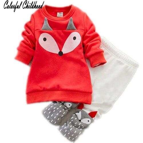 Lovely girls clothing set kids thick Velvet winter warm clothing sets little girls cartoon Fox hoodies+pants 2pcs sets Xmas Gift