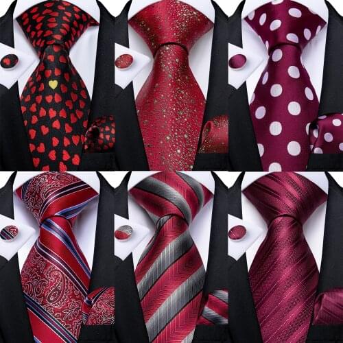 Fashion Red Heart Print Mens Silk Ties Striped Dot Business Wedding Party Necktie Pocket Square Cufflinks Cravat Gift DiBanGu