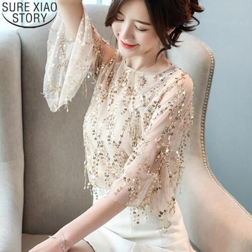Gentle Chiffon Shirt 2021 Summer New Sequin Tassel Flare Sleeve Two-piece Sweet Elegant O-neck Apricot Short Sleeve Blouse 14109