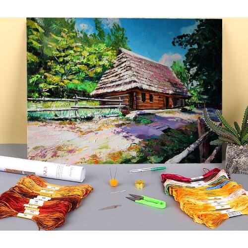 Landscape Skansen. Summer Printed Canvas 11CT Cross-Stitch DIY Embroidery Set DMC Threads Sewing Needlework Knitting Gift