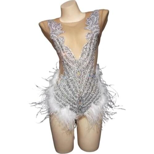 Silver Rhinestone Feather Transparent Mesh Bodysuit Prom Party Long Sleeve Outfit Women Dancer Singer Show Bar Jazz Dance Wear