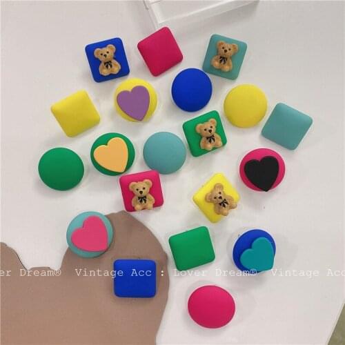INS Geometric Color Stud Earrings Green Yellow Black Red Cartoon Cute Candy Color Bear Earrings Love Rainbow Stud Earrings