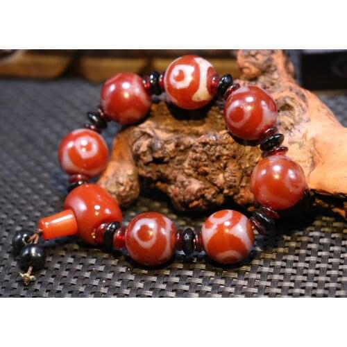 Treasure Unique Energy Tibetan Red Agate 3 Eye Tiger Tooth Round dZi Bead Bracelet Amulet Timestown UPD21103A