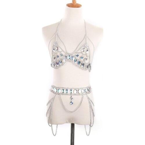 Stylish Women Shiny Crystal Hollow Body Bra Bikini Suit Sexy Charm Women Square Crystal Panties Body Chest Chain Jewelry