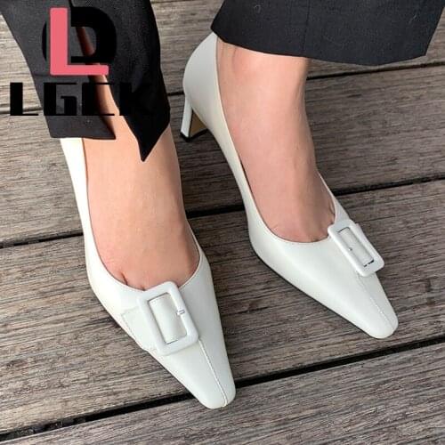 Plus Size 34-43 Square Head Women Pumps Fashion Design High Heels Shoes Office Lady Styles Genuine Leather Casual Shoes Woman